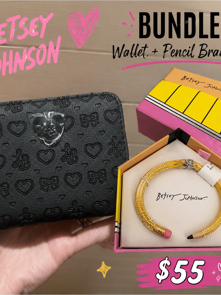Betsey Johnson Gold Glitter Pencil Bracelet Black Embossed Heart Wallet Bundle